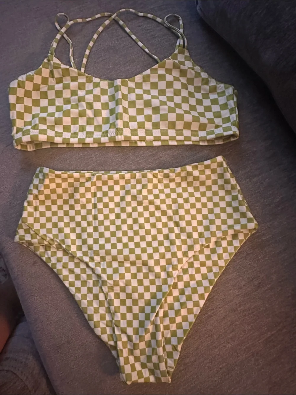 Checkerboard Two-Piece Bikini Set in Olive & White - Picture 1 of 4